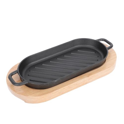 CLISPEED Poêle à Griller Rectangulaire 22x11 Cm En Fonte Plateau En Bois Assiette De Steak Et Poisson Cuit Chauffe Uniforme Usage Domestique Et Professionnel Ensemble