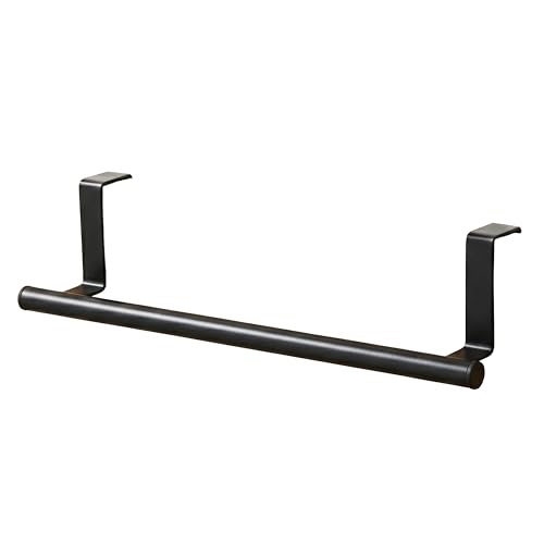 GEEZY Black Over Door Towel Rail 36.5cm - Metal Kitchen Cupboard Rail & Cabinet Organiser Rack - No Drill Hanging Holder Bar for Tea Towels, Bathroom Hand Cloths & Accessories