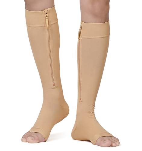 NURCOM Zipper Copper Compression Socks Open Toe Beige 20-30 mmHg Knee High Stockings, Designed for Circulation, Varicose Veins, Swelling, Venous Insufficiency, Post-Operative Recovery, 2X-Large