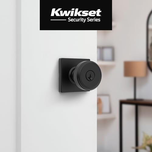 Image of Kwikset Maven Entry Door Knob with Lock and Key, Secure Keyed Handle Exterior, Square Front Entrance and Bedroom, Matte Black, Pick Resistant SmartKey Rekey Security and Microban (Pack of 4)
