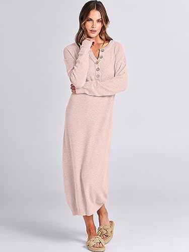 Image of ANRABESS Women Long Sleeve Button V Neck Oversized Casual Loose Fit Waffle Knit Fall Midi Sweater Dress 2026 Trendy Outfits