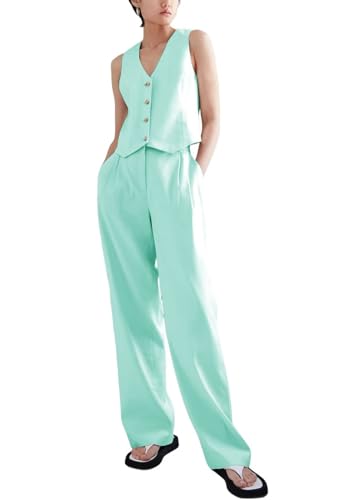 Women's Summer 2 Piece Outfits Sleeveless V Neck 4 Button Vest Pant Suits Business Work Sets