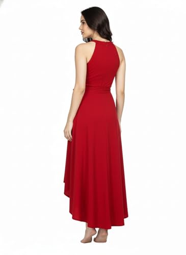Image of Women Fit & Flare High Low Midi Dress | Sleeveless Round Neck One Piece Dress with Waist Tie Detail | Flowy Western Dress for Party and Casual Styling