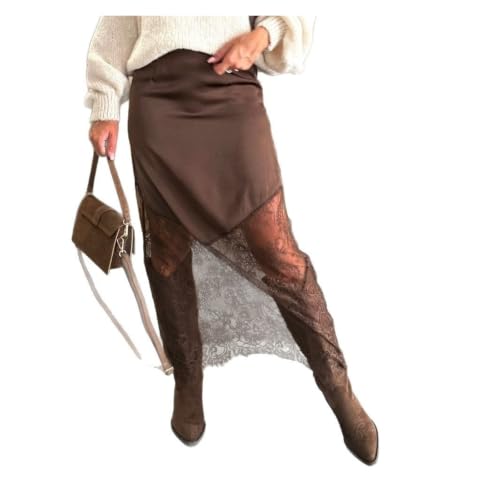 Jupe en satin maxi pour femmes avec dentelle élégante et taille haute