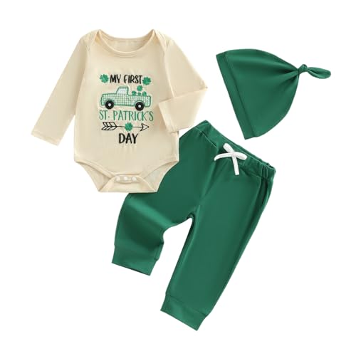 Kuriozud St Patricks Day Baby Boy Outfit First St Patricks Day Romper and Shamrock Pants Set with Hat 3Pcs Spring Clothes 9-12 Months My First St Patricks Day Green