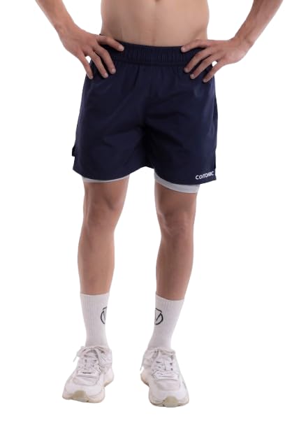 Image of COITONIC 2 in 1 Active Dual Black Shorts with Inner Tights Layer | Men's Double Layer Short for Running, Gym & Sports