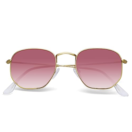 YWWPMDOF Hexagon Polarized Sunglasses for Womens Men Trendy Square Sun Glasses UV Protection, A07-gold/Gradient Pink/Clear, 51mm