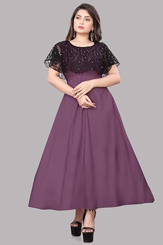 Image of Women's Poly Crepe Round Neck Plain Gown Dress