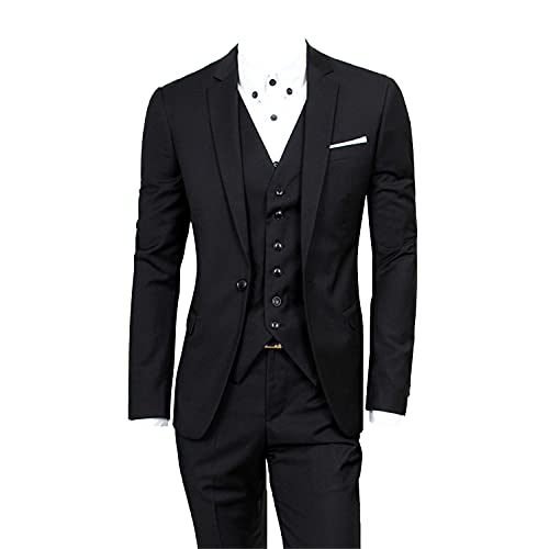 Men's 3 Pieces Business Suit 1 Buttons Slim Fit Solid Color Jacket Tuxedo Suits Elegant Wedding Formal Blazer Vest Pants (Black,Small) #TOP5