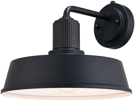 VAXCEL Hammond 9.75 in. H 1-Light Matte Black and White Dusk to Dawn Sensor Industrial Outdoor Wall Sconce, Durable Steel Metal Shade, LED Compatible for Exterior Porch Patio Front Door or Garage