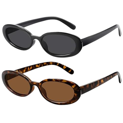 Óculos de Sol Retrô Oval Preto + Óculos de Sol Retrô Oval Leopard - Policarbonato Leve, Proteção UV400, Estilo Vintage