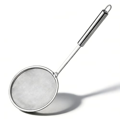2PCS Stainless Steel Fat Skimmer Spoon, Fine Mesh Food Strainer for Grease, Gravy and Foam, Metal Flat Cooking Skimmer Ladle Colander with Handle Food Strainer Kitchen Tools(S)