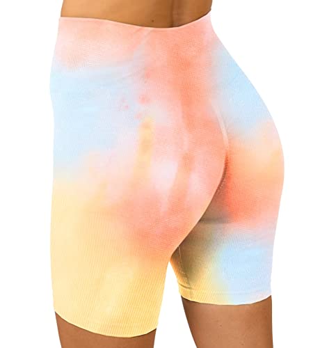 Maxxim Womens Tie Dye Biker Shorts High Waisted Seamless Scrunch For Gym Workout Yoga Running Orange Sunrise Medium #TOP13