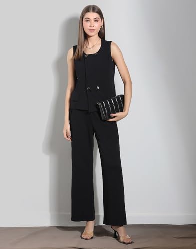 Image of Selvia Navy Blue Lycra Co-ord Set for Women, Button Detail Waist Top and Trouser Pant