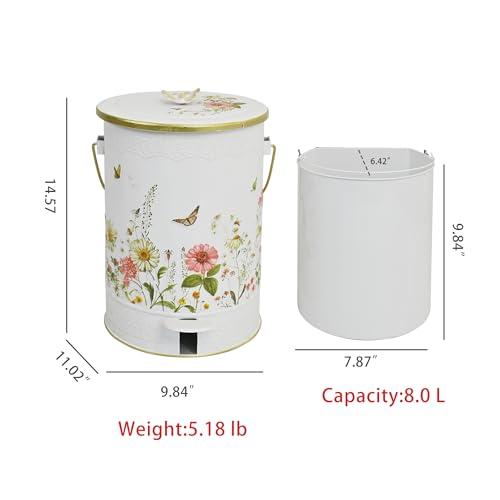 Image of White Floral Metal Step Trash Can with Lid, 8L Vintage Butterfly & Wildflower Decorative Waste Basket with Handles for Bathroom, Bedroom, Kitchen, 14.57 inch x 9.84 inch