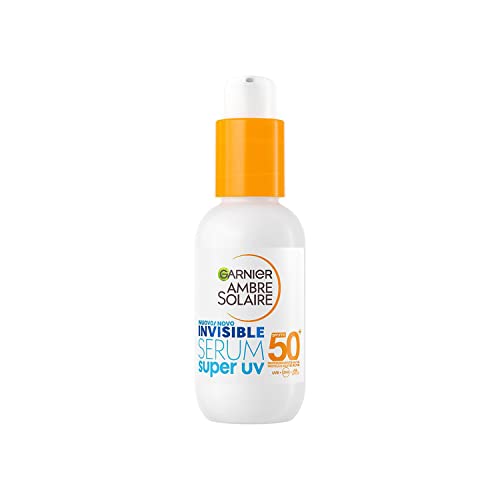 Garnier Sérum facial invisible Super UV para todos los tipos de piel, UPF 50+, de rápida absorción con ceramida Protect, Ambre Solaire, 30 ml
