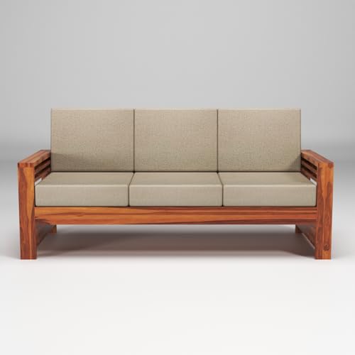 Image of Sheesham Wooden 3 Seater Sofa for Living Room | Rosewood 3 Seater Cushion Sofa with Side Teapoy for Home & Office | Solid Wood Sofa Set for Lounge (Honey,Grey,3 Seater)