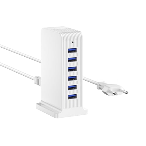 WUKUR Caricatore USB Multiplo,Stazione di Ricarica 6 Porte USB da Tavolo Caricabatterie da muro per cellulari per iPhone/iPad/Samsung/Huawei/HTC/LG/Nexus/Nokia/Motorola (25W Bianco)