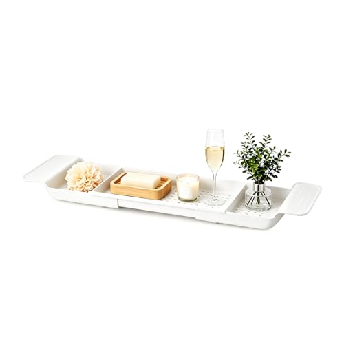 ARATERVIO Verstellbares Badewannen-Tablett 5678cm Teleskop Badewannenablage mit Ablauföffnungen erweiterbarer Badewannen-Organizer für Wein Bücher Tablets Handy & Kerzen (Weiß)