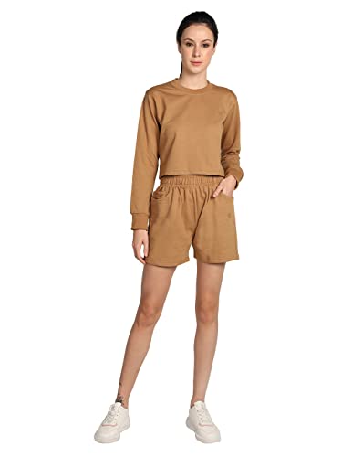 Image of CHKOKKO Women Solid Track Suit Crop Top Shorts Trackpant Co-ord Set