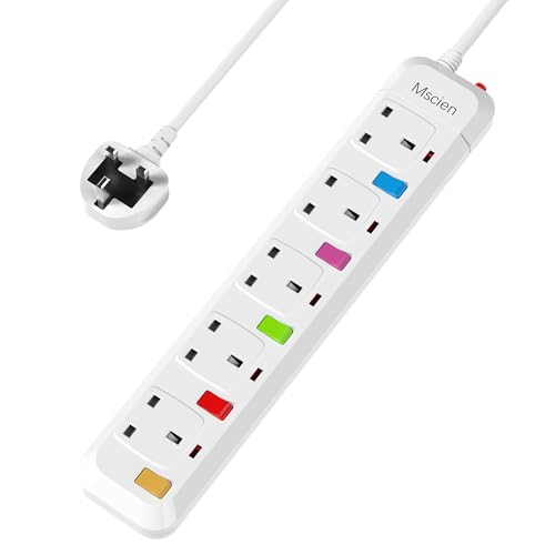 Mscien 4M Extension Lead with Switches, 5 Way Surge Protected Extension Lead, UK Wall Mount Power Strip with 4 Meter Extension Cord, 5 Gang Plug Extension Sockets Random Switch Color 2500W