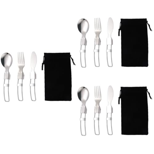 Yardwe 3 Juegos combinación de Cuchillo y Tenedor Cuchara Caliente Artilugio Platos Kit Cubiertos Camping Cubiertos portatiles vajilla portátil Cubiertos portátiles Acero Inoxidable Black