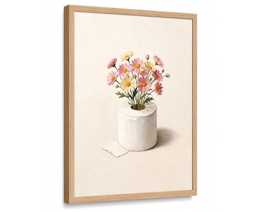 Framed Funny Bathroom Canvas Wall Art,Pink Daisy Flower Poster Print,