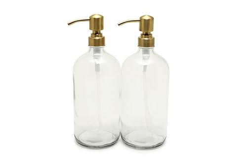 Vivaplex, 2, Large, 32 oz, Empty, Clear Glass Bottles with Stainless Steel, Yellow Gold, Lotion Pumps