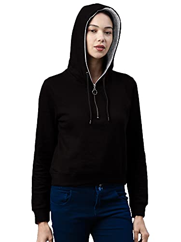 Image of Maniac Women's Solid Round Neck Full Sleeve Black Zip Cotton Sweatshirt