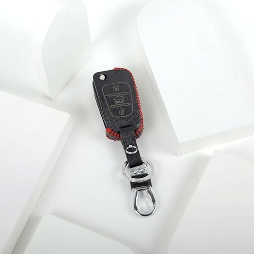 Image of Leather Smart Car Key Cover Case with Metal Hook Keychain for i Old I 20, Old Verna, Old Elentra (Black)