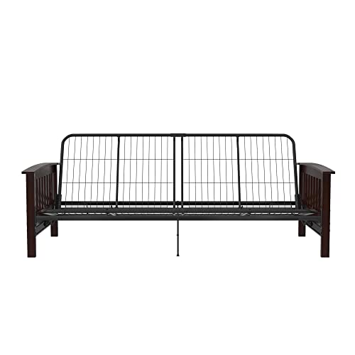 Realrooms Elbi Full Size Wood Arm And Black Metal Futon Frame, Brown #TOP24