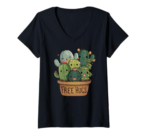 Donna Free Cactus hugs Tee | Cute funny cactus present Friendly Maglietta con Collo a V