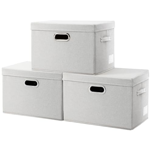 Image of PRANDOM Collapsible Storage Bin with Lid [3-Pack] Fabric Foldable Storage Box Organizer Container Basket Cube with Cover for Home Bedroom Closet Office Beige(15.3x10x9.7)