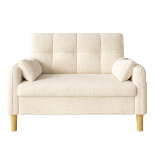 Sofá pequeño beige de chenilla con bolsa lateral para ahorrar espacio 5