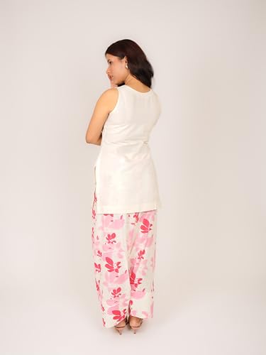 Image of MONOMEE Pink Floral White Farshi Salwar, Pure Cotton Sleeveless Keyhole Neck Printed Salwar Kurti Set for Women