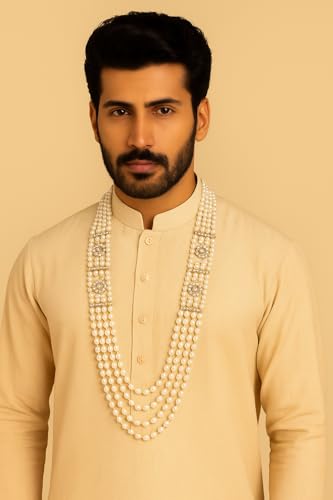 Image of I Jewels 4 Layered Traditional Gold Plated Dulha Moti Mala with Beaded Maharaja Haar /Groom Necklace for Men
