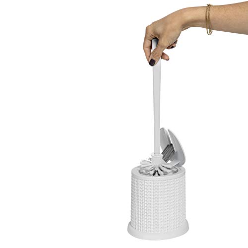 Image of Bath Bliss Self Closing Lid Toilet Brush with Rim Scrubber | Dimensions: 5. 9 inch x 5. 3 inch x 15. 4 inch | Self Closing | 360 Degree Bristle | Bathroom Cleaning | Separate Rim Scrubber | White