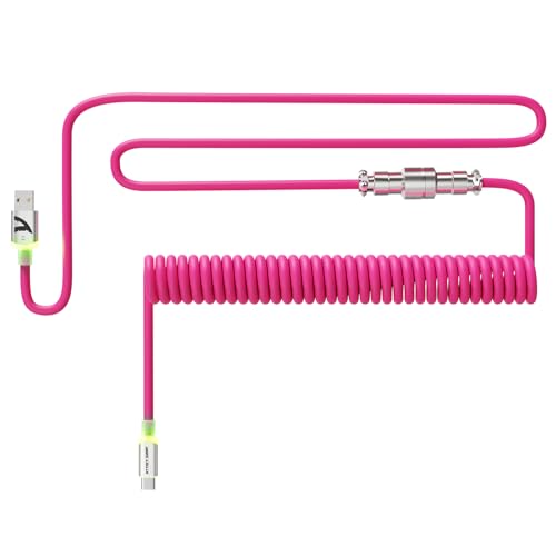 ATTACK SHARK C01Ultra Cable Teclado Espiral con Iluminación RGB, Cable Aviator USB C Coiled para Teclado Mecánico 8KHz, Tipo C a USB A, Conector de Aviación de Metal Desmontable, 56.5In - Rojo Rosa