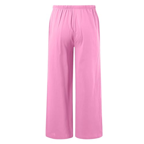 Generic Women's Linen Summer Palazzo Pants Flowy Wide Leg Beach Pants with Pockets Drawstring Elastic High Waist Summer Linen Pant, X-Large, B#_pink4