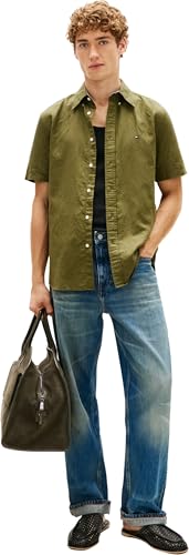 Tommy Hilfiger Herren Hemd Linen Blend Solid Kurzarm, Grün (Dark Artichoke), XS – Ansicht 5