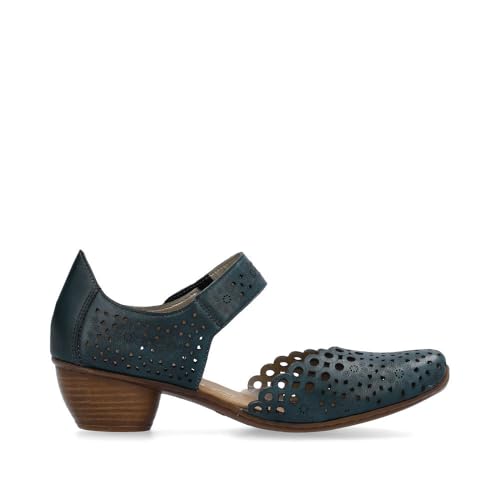 Image of Rieker 43753 Mirjam Women's Mary Jane Heels - Low-Heel Leather Shoes with Adjustable Ankle Strap & Laser-Cut Design - Comfortable Women's Heels for Casual & Dressy Wear