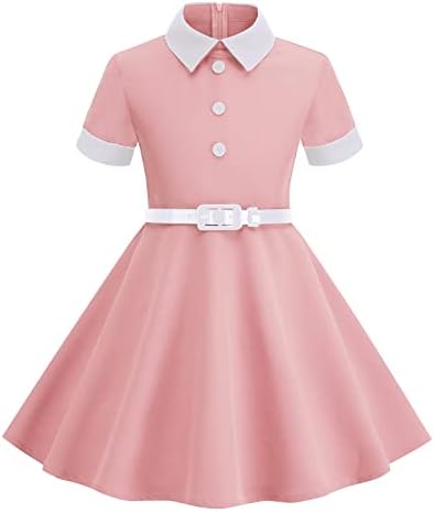 Girls Peter Pan Collar Dress Short Sleeve Uniform Dresses Casual Vintage Contrast Doll Collar Fit and Flare Skater Party Dress with Belt Retro Button Cotton School Party Dress Collared-Pink 9-10 Years