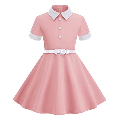 Girls Peter Pan Collar Dress Short Sleeve Uniform Dresses Casual Vintage Contrast Doll Collar Fit And Flare Skater Party Dress With Belt Retro Button Cotton School Party Dress Collared-Pink 9-10 Years #TOP30