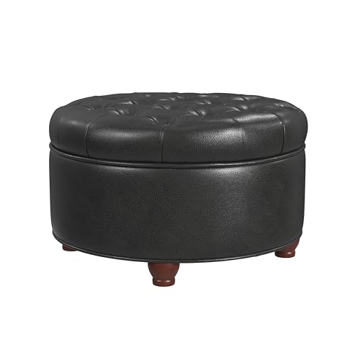 Image of HomePop 25 inch Button Tufted Round Storage Ottoman - Black Faux Leather