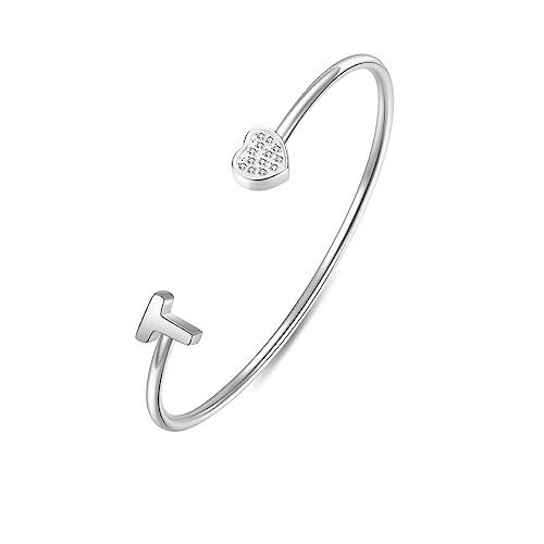 Image of VQYSKO Heart Initial Cuff Bracelets for Woman-CZ Stainless Steel Adjustable Open Bracelet Woman Jewellery,Birthday Gifts for Woman