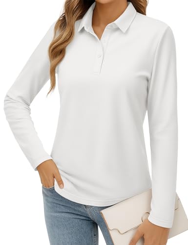 MAGCOMSEN Ladies Polo Shirts Collared Long Sleeve Polo for Work 3-Button Up Business Casual Shirts Basic Uniform Tops, White, XL