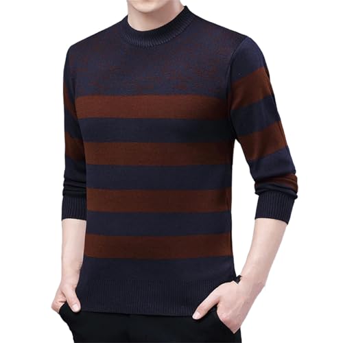 Men Fashion O-Neck Pullover Sweater Contrast Striped Spliced Warm Long-Sleeved Tops