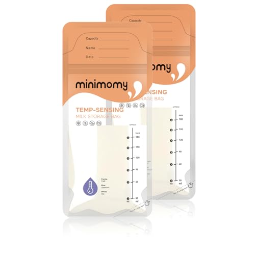 minimomy Breastmilk Storing Bags, Temp-Sensing Discoloration Milk Storing Bags for Breastfeeding, Disposable Milk Storage Bag with 6 Ounce Self Standing, No-Leak Milk Freezer Storage Pouches, 50pcs