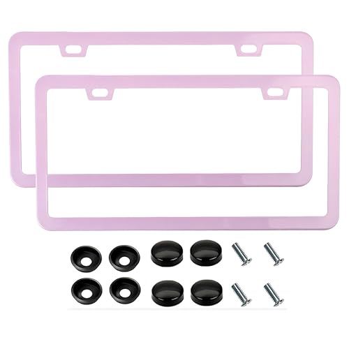 Fashion Super Slim Matte Cherry Blossom Pink License Plate Frames,Stainless Steel License Plate Holders,Weather Proof License Plate Cover for Women(2 Frames)