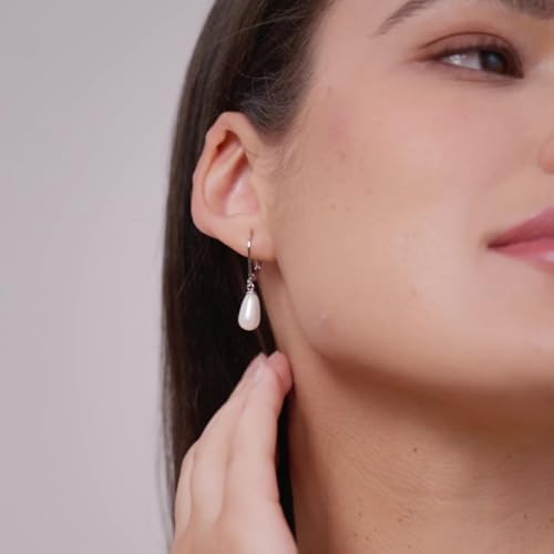 MINDDHA 14K Gold | White Gold Plated Sterling Silver Hoop, AAA+ Quality Simulated Shell Pearl Leverback Dangle Stud Pearl Earrings | Silver Earings, Gold Earrings For Women | Oval and Teardrop Pearl2
